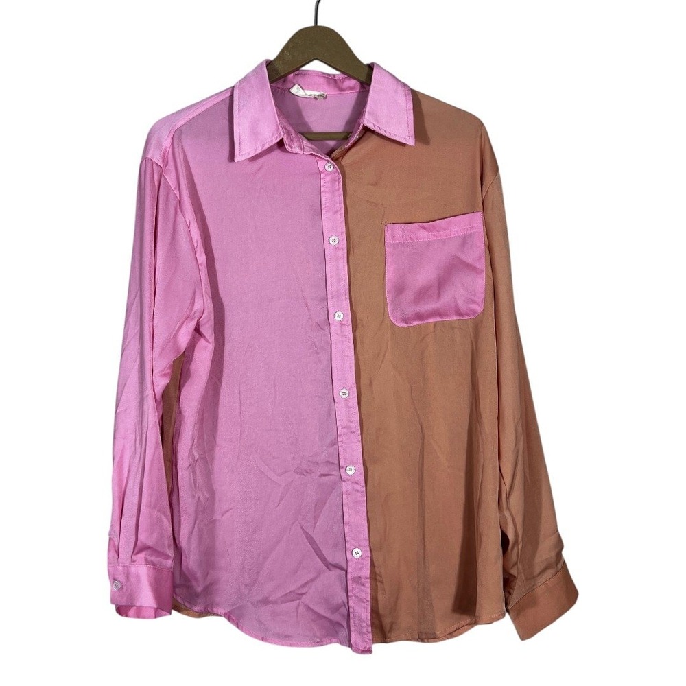 Altar'd State Colorblock Button Down Shirt Pink Tan Boho Chic Relaxed Size M